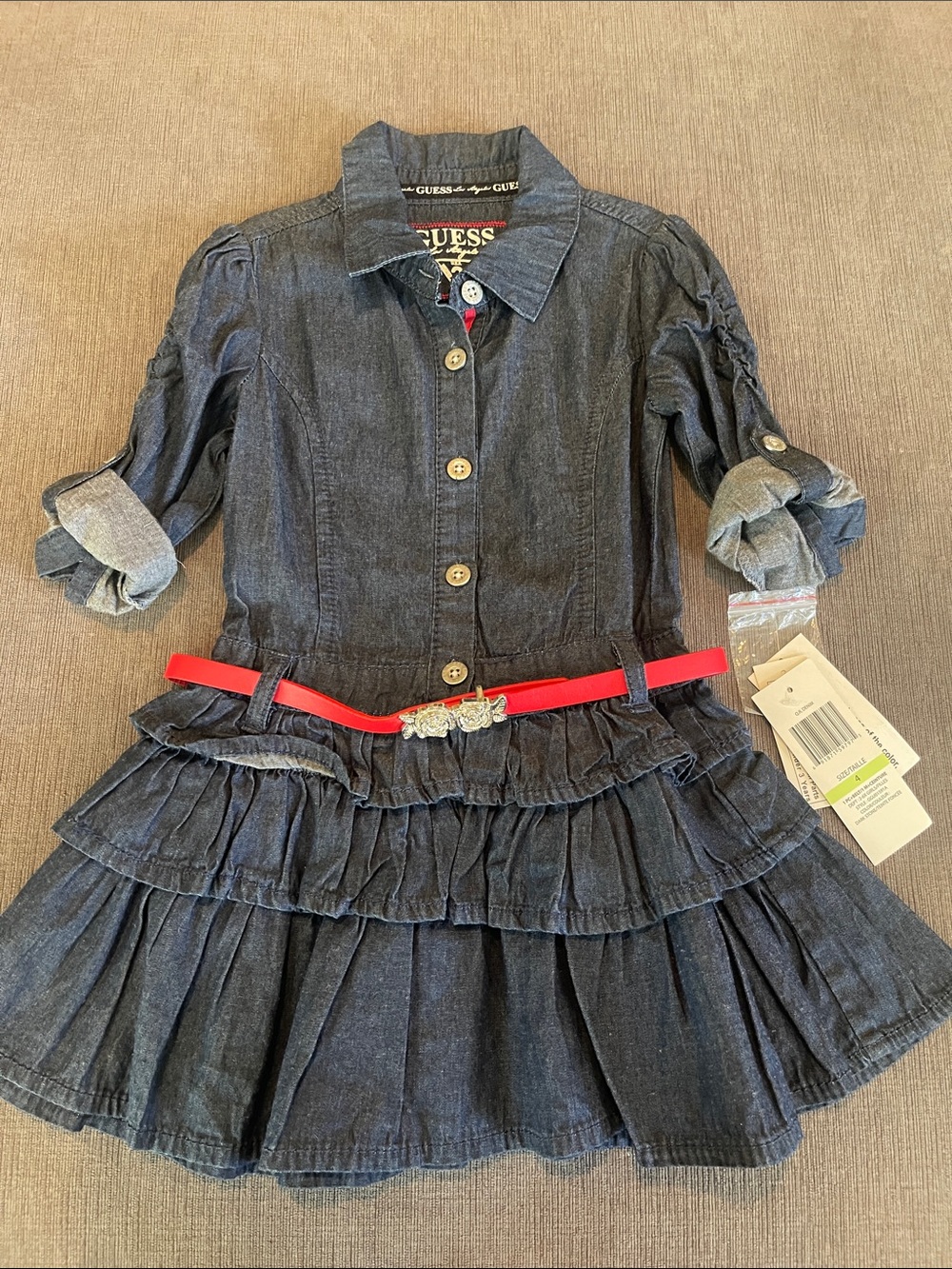 GUESS Girls Dark Denim Ruffle Dress with Red Belt – Size 4 NWT